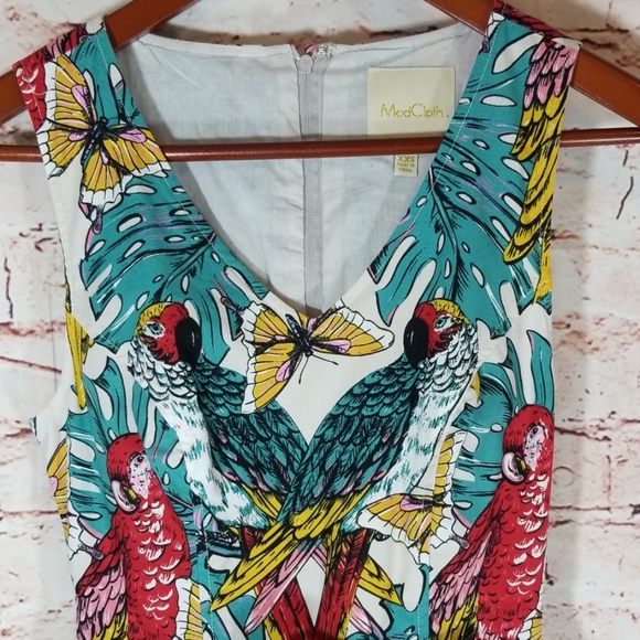 XXS MODCLOTH PARROT TROPICAL COTTON DRESS - Picture 2 of 8